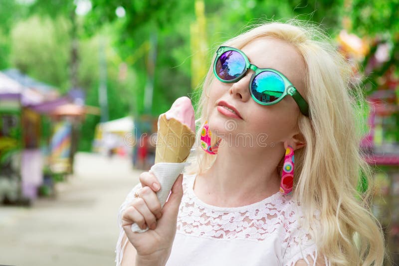 Blonde Licks A Waffle Cone Ice Cream Is Melting Erotically Draining Through The Body Of An