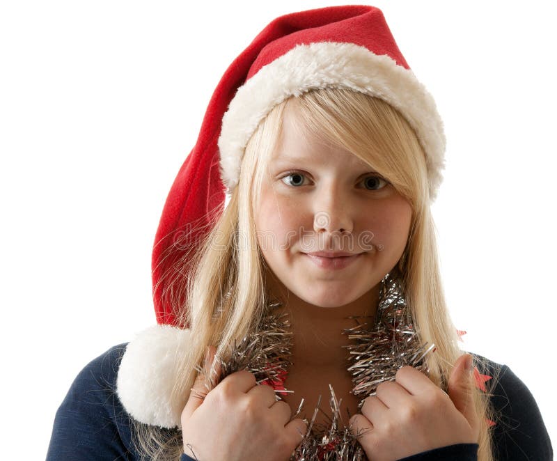 A beautiful young blonde in a Santa hat