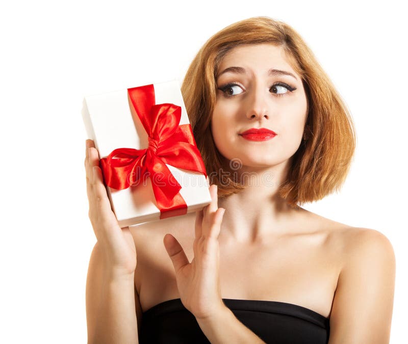 Beautiful Young Brunette Girl Holding Present Stock Photo - Image of ...