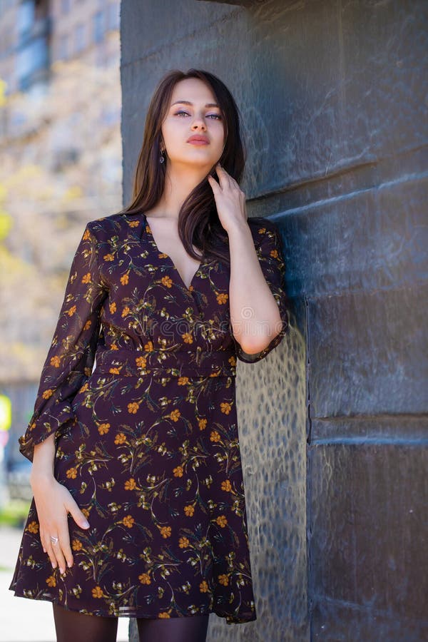 Beautiful Brunette Woman in Brown Dress Stock Photo - Image of carefree ...