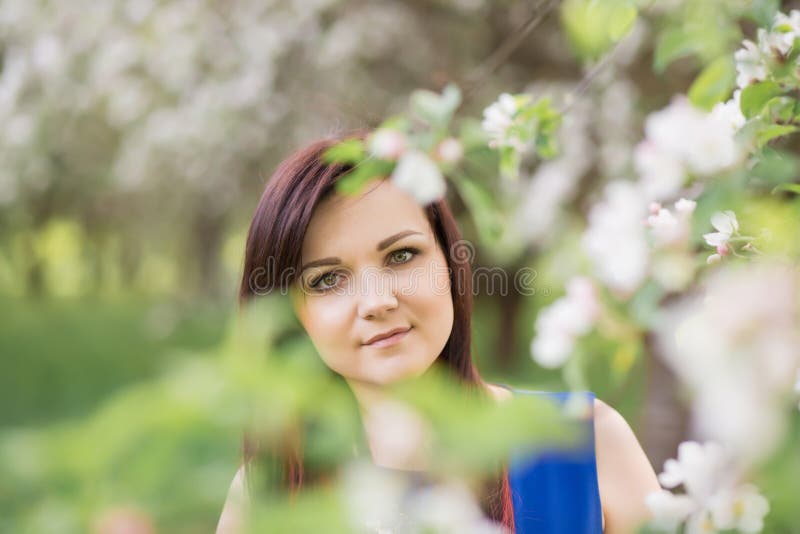 Beautiful Young Brunette Woman Standing Near The Blossoming Apple Tree On A Warm Spring Day