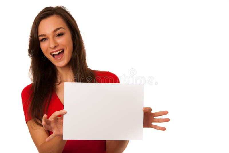 Beautiful young business woman showing a blank card isolated over white background royalty free stock photography Beautiful young business woman showing a blank card isolated over white background royalty free stock photography