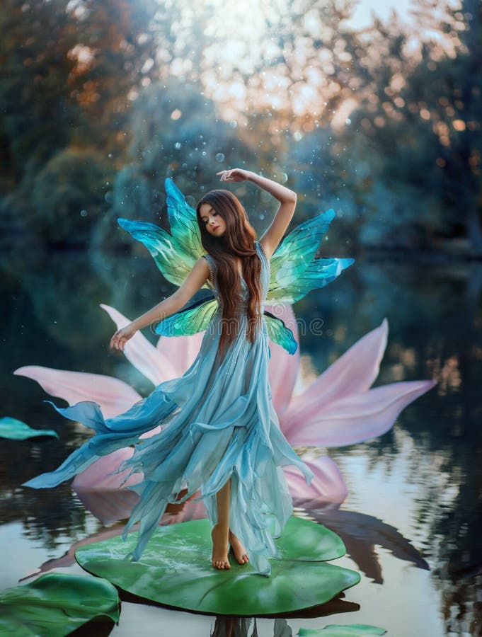 Beautiful young fantasy woman in the image of a river fairy dances on a water lily flower. A long silk dress flies in