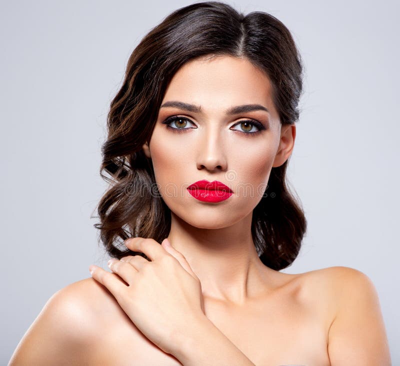 Beautiful Young Fashion Woman With Red Lipstick Brunette Woman With A