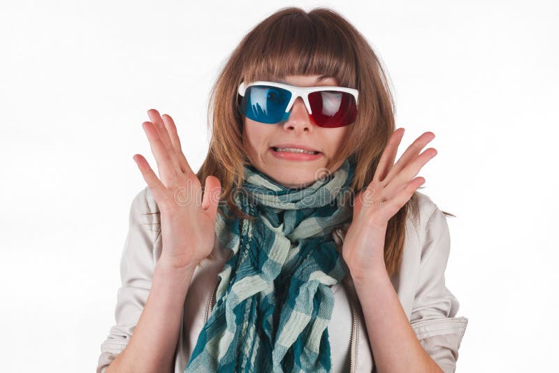 Beautiful Young Gilr Watching 3d Television in Glasses Stock Photo