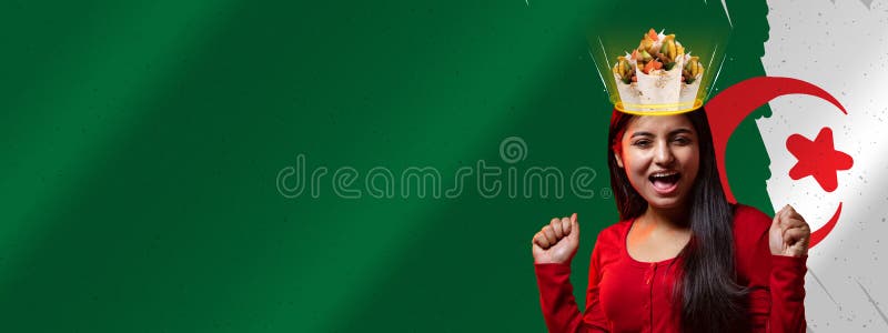 Beautiful young girl with delicious doner donair kebab in her head, dreams isolated on Algeria flag background royalty free stock image