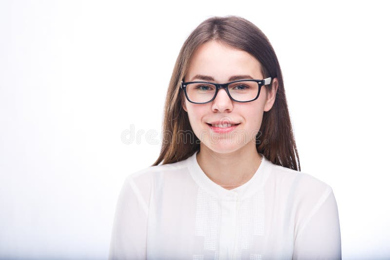 Beautiful Young Girl In Glasses With Black Frame With Brown Hair Over 