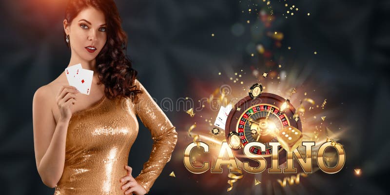 A Beautiful Young Girl in a Gold Dress Holds Playing Cards in Her Hands on  a Dark Background, Casino Reboot. Banner Concept for Stock Image - Image of  baner, chips: 203380059