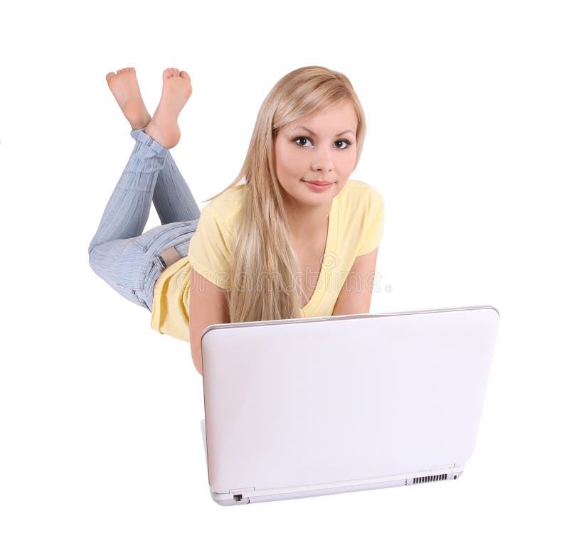 Beautiful young girl with laptop isolated on white royalty free stock images Beautiful young girl with laptop isolated on white royalty free stock images