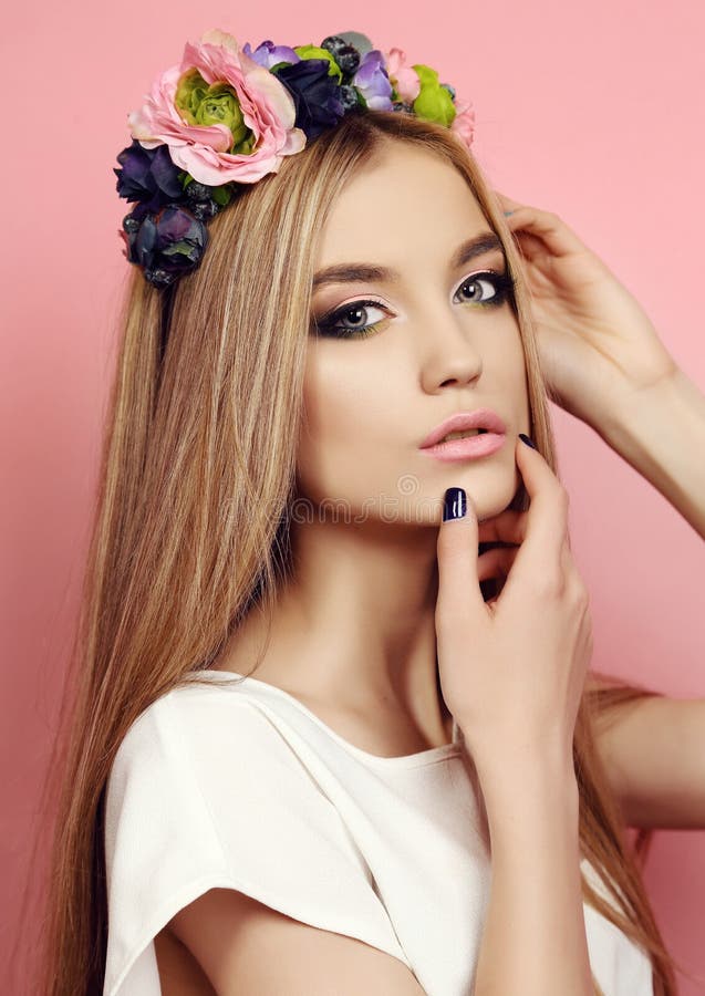 Beautiful Young Girl with Long Straight Hair with Bright Flower S ...
