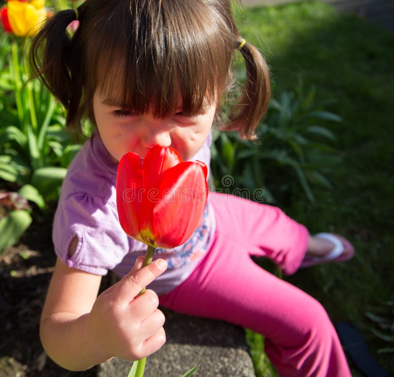 Beautiful Young Girl Smelling A Tulip Flower in the Garden