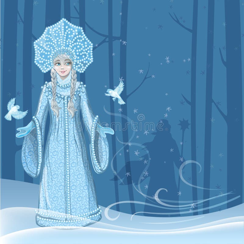 Beautiful young girl snow maiden with two snow birds flying around in the winter forest and the silhouette of Russian