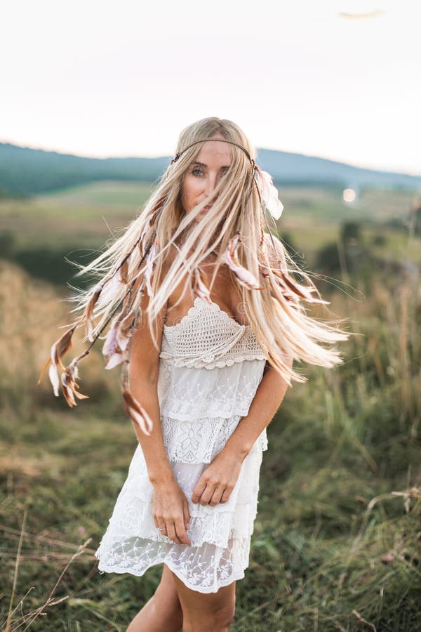 Beautiful Young Hippie Boho Style Woman In White Dress, Close Up Portrait  At Sunset On A Field Stock Image - Image Of Girl, Contemporary: 175484727