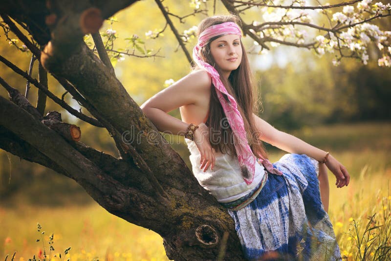 Beautiful young hippie woman posing. 