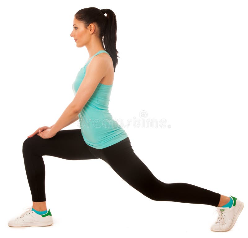 Beautiful young hispanic woman doing lunge exercise in fitness g royalty free stock photos Beautiful young hispanic woman doing lunge exercise in fitness g royalty free stock photos