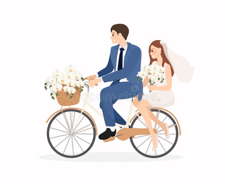 Beautiful Young Just Married Wedding Couple Ride Bicycle Isolated St