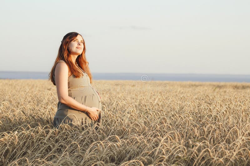 Beautiful Young Pregnant Woman Walks on Wheat Field at Sunset ...