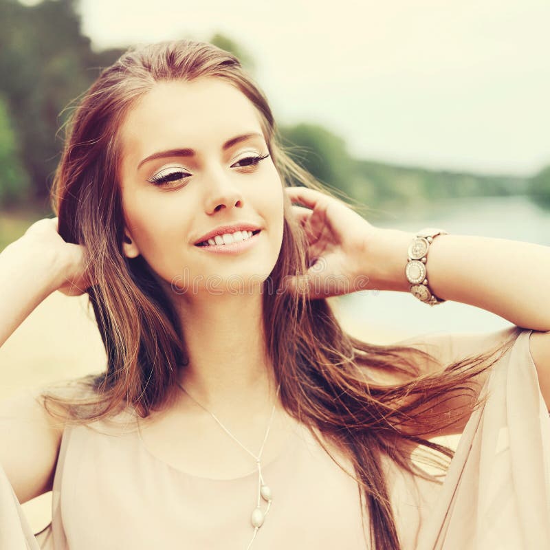 Beautiful Young Smiling Girl Portrait Outdoor Close Up Stock Photo ...