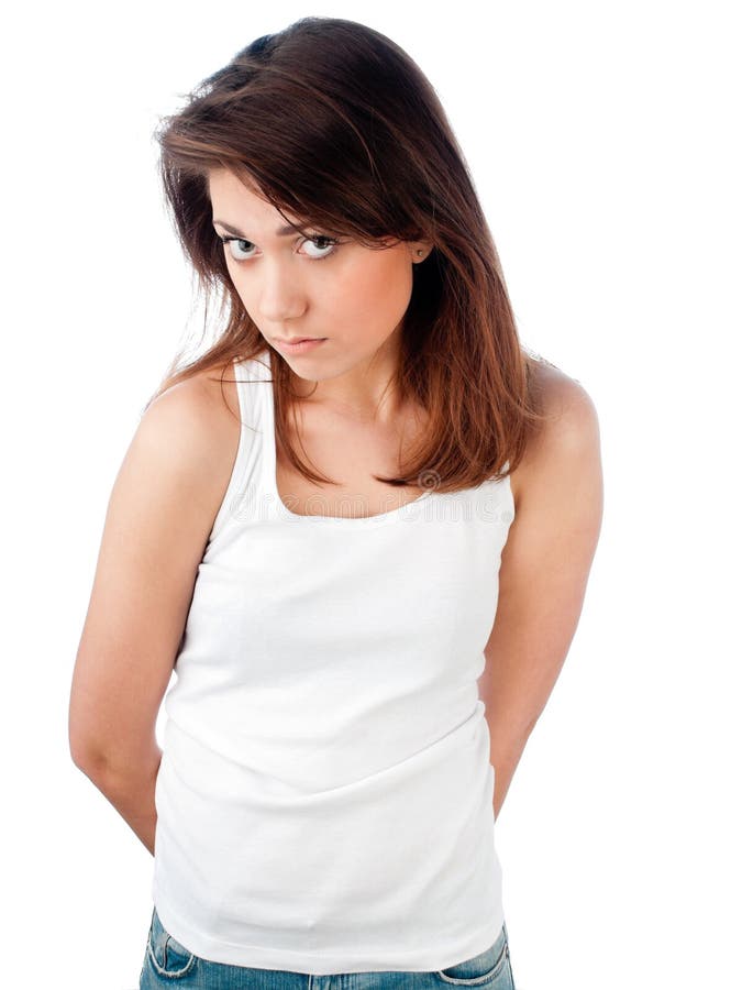 Beautiful and young woman feeling sad or guilty. Looking into the camera, isolated on white background. Woman doubtful looking stock images, royalty-free photos and pictures