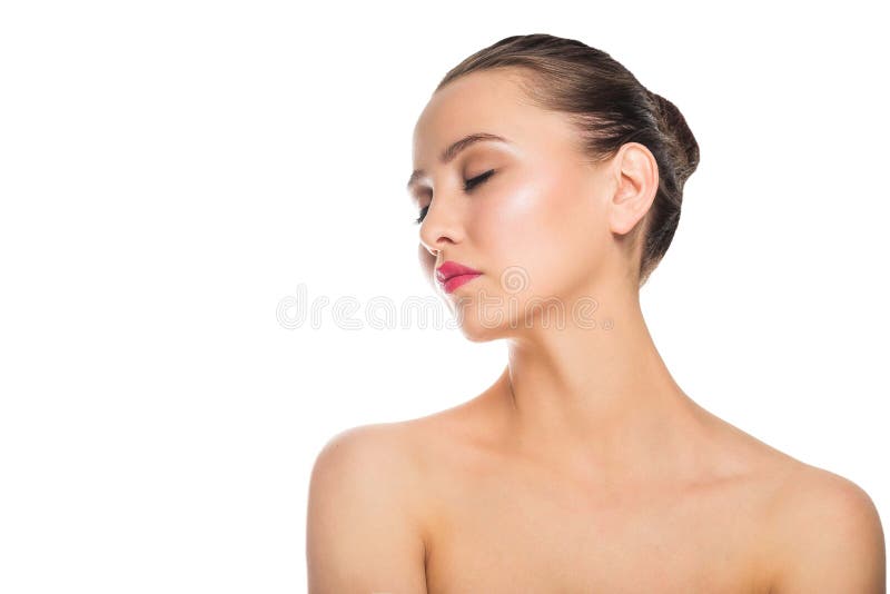 Beautiful young woman with bare shoulders isolated on a white background. Spa, care, cosmetology. stock images Beautiful young woman with bare shoulders isolated on a white background. Spa, care, cosmetology. stock images