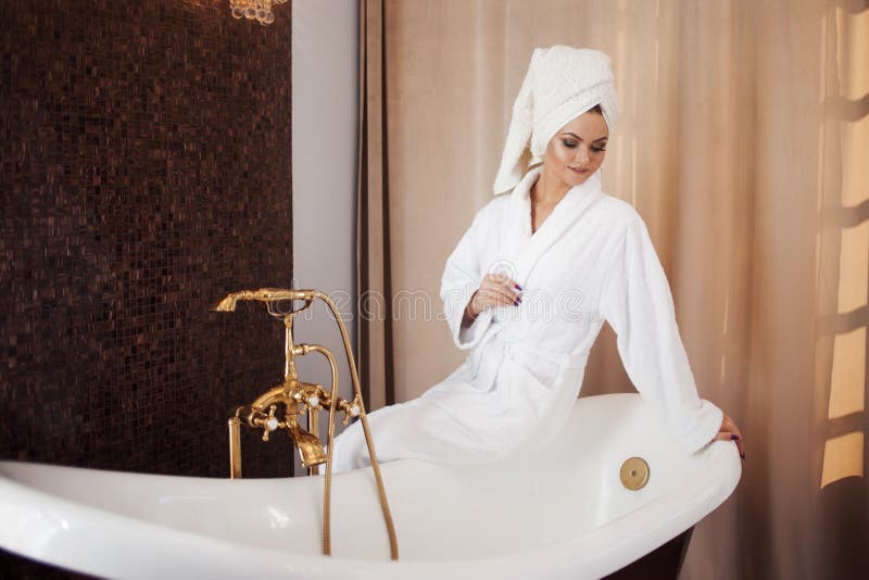 Beautiful Young Woman In Bathrobe And Towel On Head Girl After Bath 