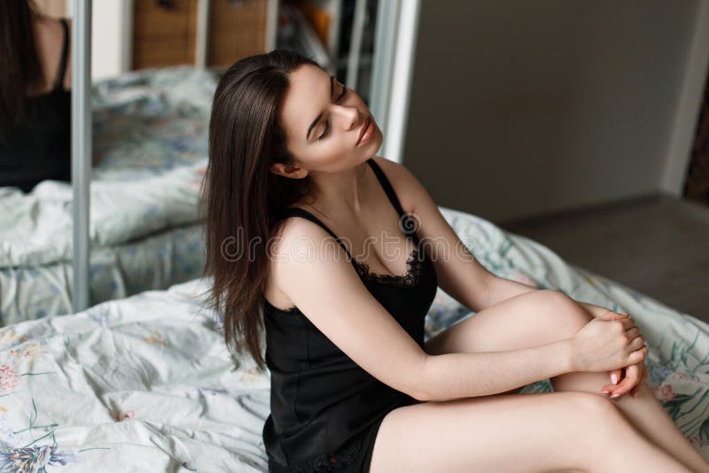 Woman in Black Underwear Sleeping in Bed in Seductive Pose without Blanket.  Stock Image - Image of european, home: 194173105