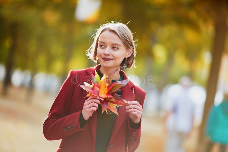 Young Woman with Bunch of Colorful Autumn Leaves Stock Photo - Image of ...