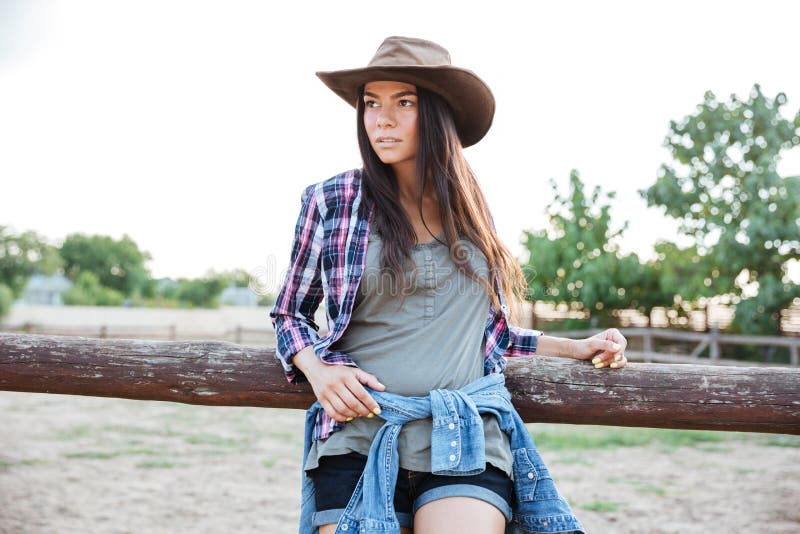 Beautiful Young Woman Cowgirl in Hat and Checkered Shirt Stock Image ...