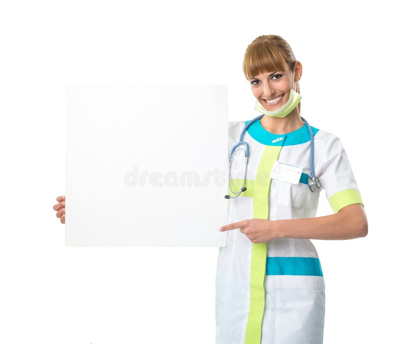 Beautiful young woman doctor showing blank board stock images Beautiful young woman doctor showing blank board stock images