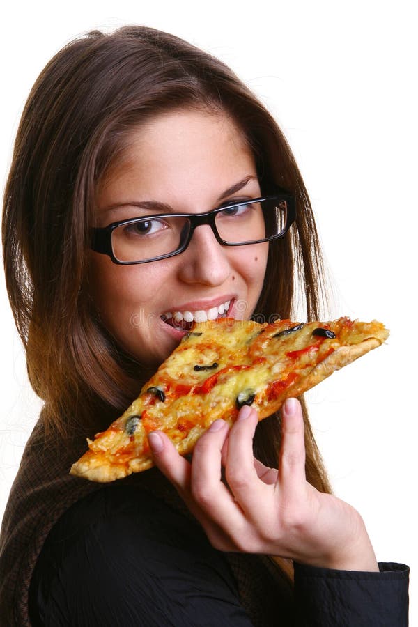 Beautiful young woman eating pizza