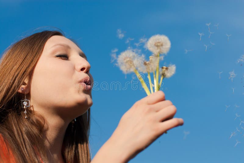 Girl blowing dandelion flowers stock photo free download