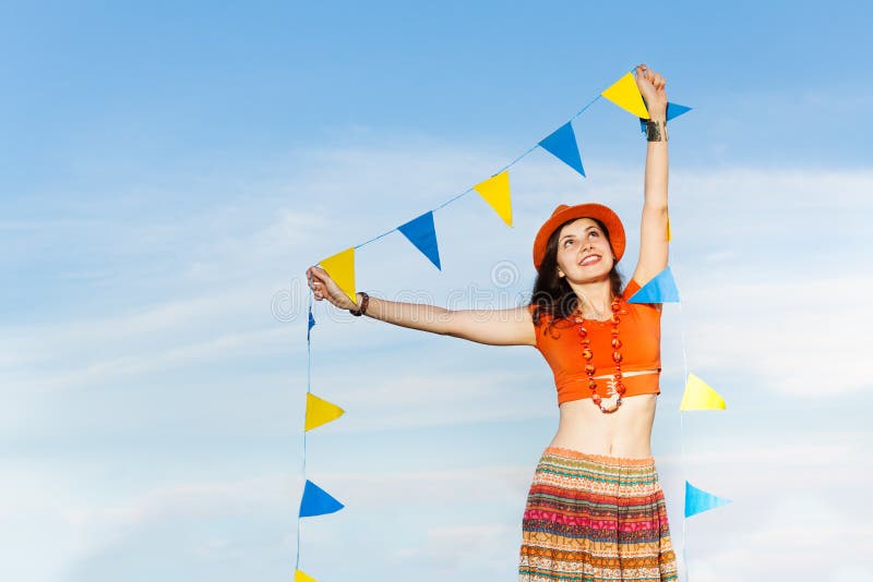 Beautiful young woman with garland of flags royalty free stock images Beautiful young woman with garland of flags royalty free stock images