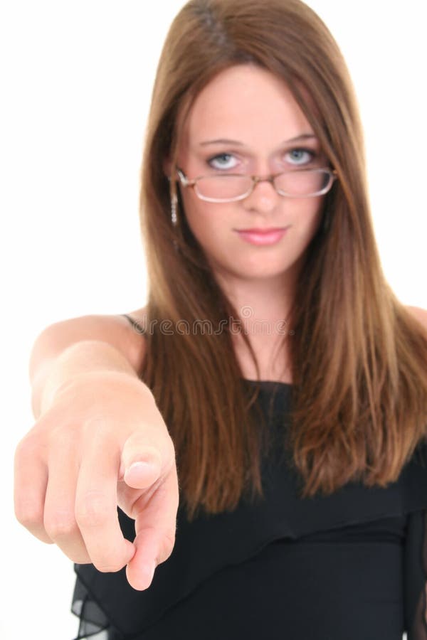 Beautiful Young Woman In Glasses Pointing Towards Camera