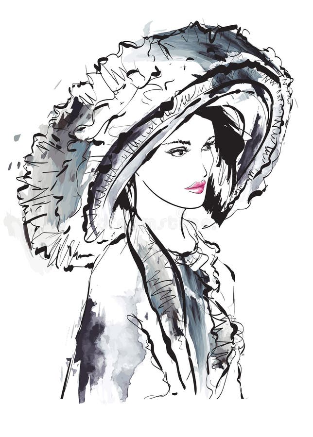 Beautiful Young Woman in a Hat. Aristocrat Girl Fashion Sketch. the ...