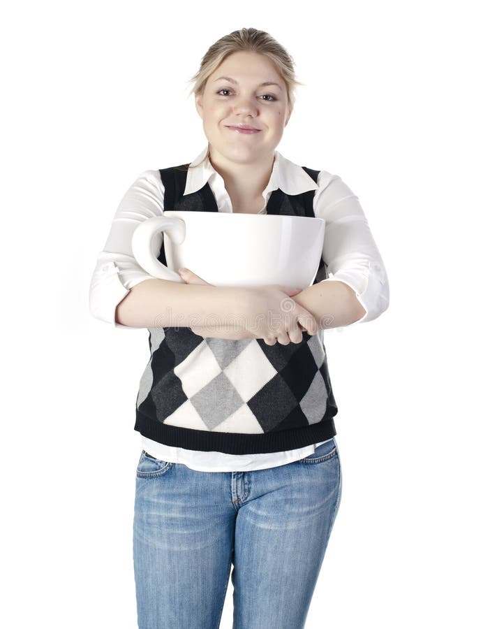 The beautiful young woman holding big coffee cup