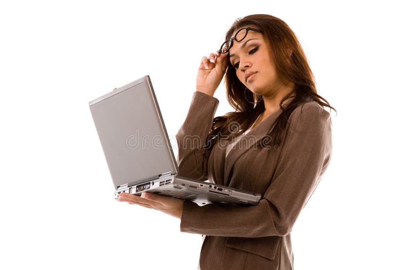 Beautiful young woman holding laptop