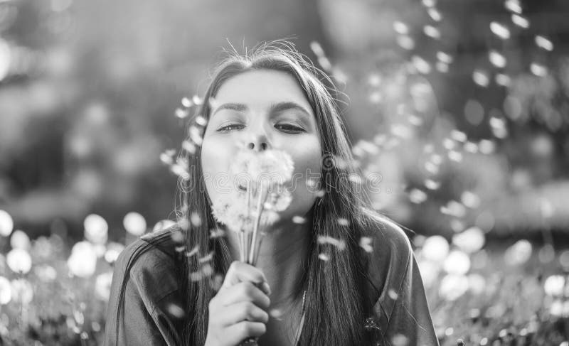 Beautiful Young Woman lying on the field in grass and blowing dandelions. Outdoors