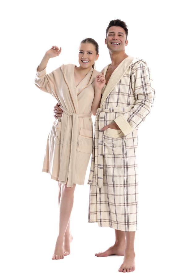 Beautiful young woman and man in bathrobe stock photos Beautiful young woman and man in bathrobe stock photos
