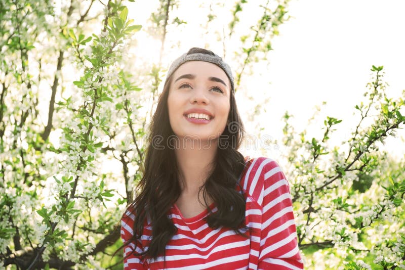Beautiful Young Woman Near Blossoming Tree On Sunny Spring Day Stock Image Image Of Casual