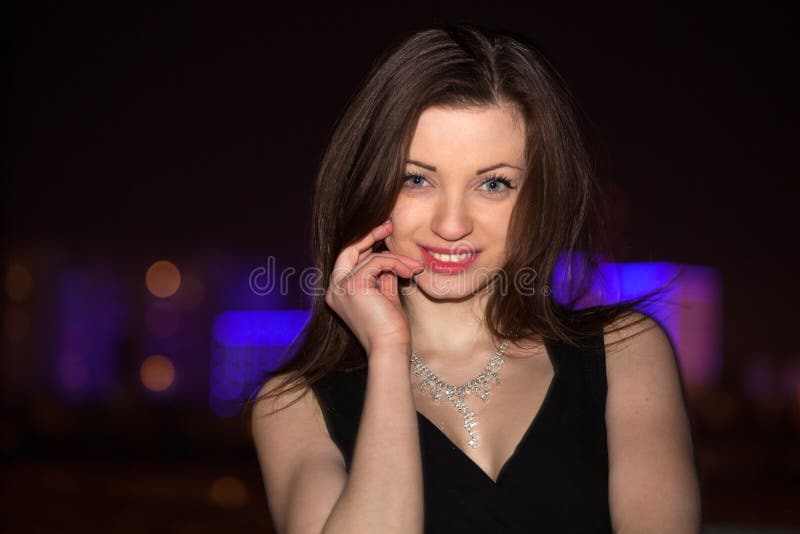 Beautiful Young Woman Night Shined City. Stock Photo - Image of dress ...
