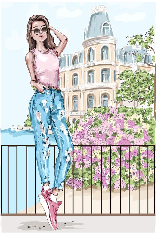 Beautiful young woman with picturesque landscape background. Hand drawn fashion woman with castle and flowers on background. vector illustration Beautiful young woman with picturesque landscape background. Hand drawn fashion woman with castle and flowers on background. vector illustration