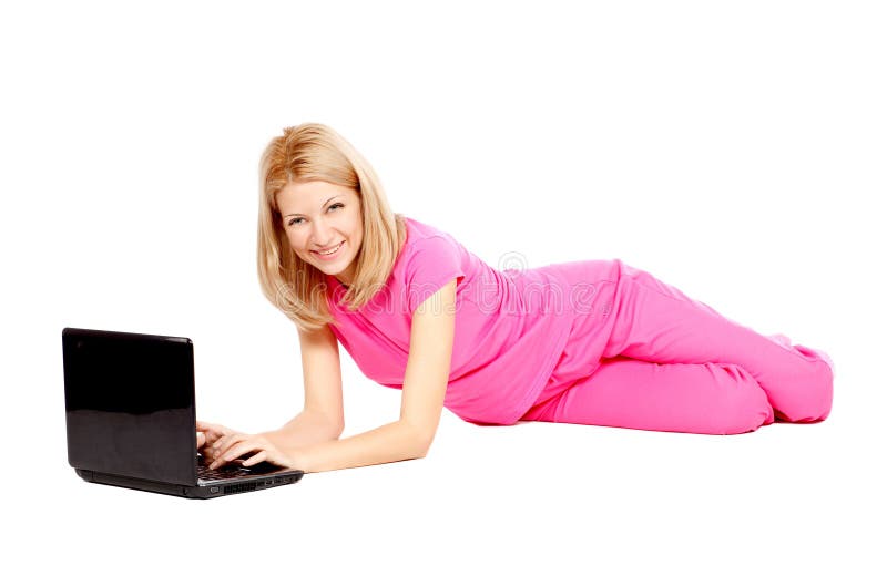 Beautiful young woman in pink Lying on the floor