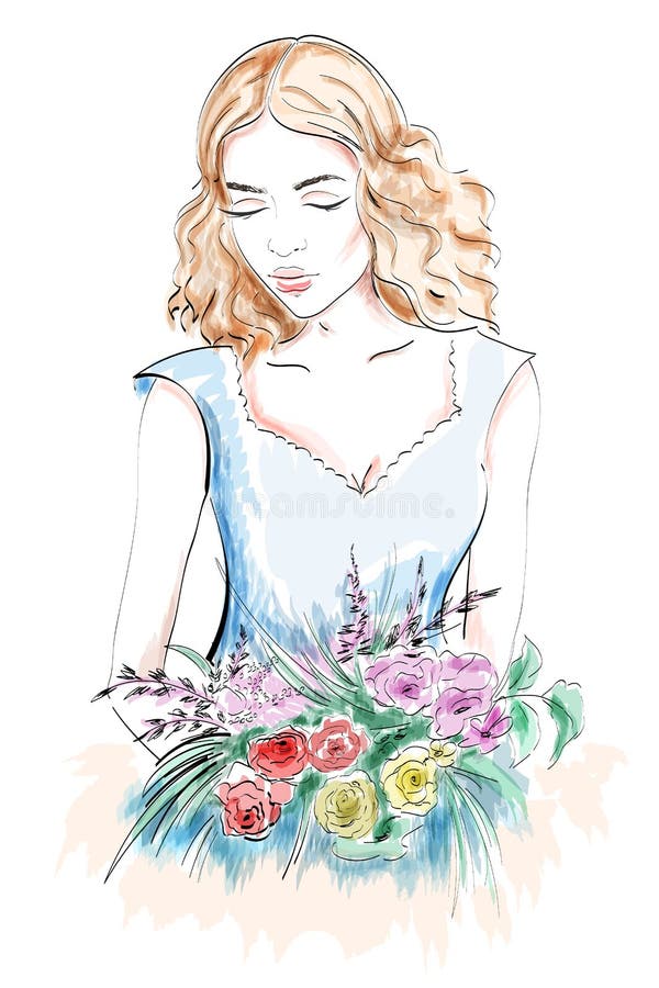 Beautiful young woman portrait. Woman with flowers. Sketch girl. stock illustration Beautiful young woman portrait. Woman with flowers. Sketch girl. stock illustration