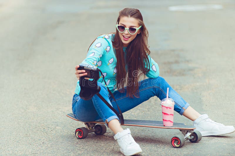 Beautiful Young Woman Posing with a Skateboard Stock Image - Image of ...