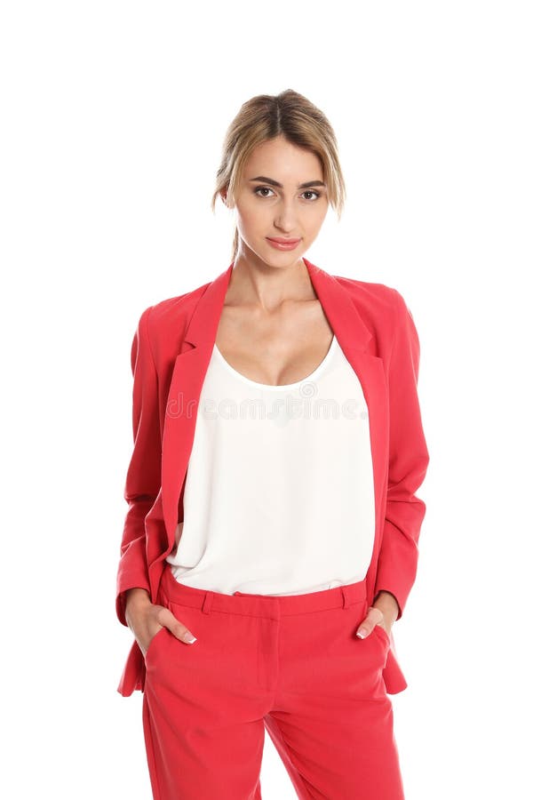 Beautiful Young Woman in Red Suit Posing on White Stock Image - Image ...