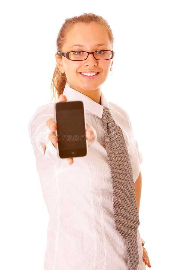 Beautiful young woman showing a mobile phone with stock image Beautiful young woman showing a mobile phone with stock image