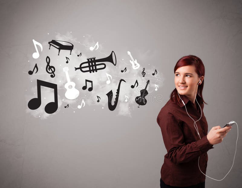 Beautiful young woman singing and listening to music with musical notes and instruments