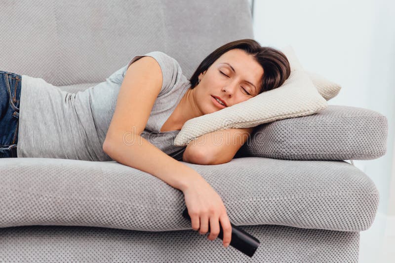 Beautiful Young Woman Sleeping On Sofa Stock Image Image Of Hands