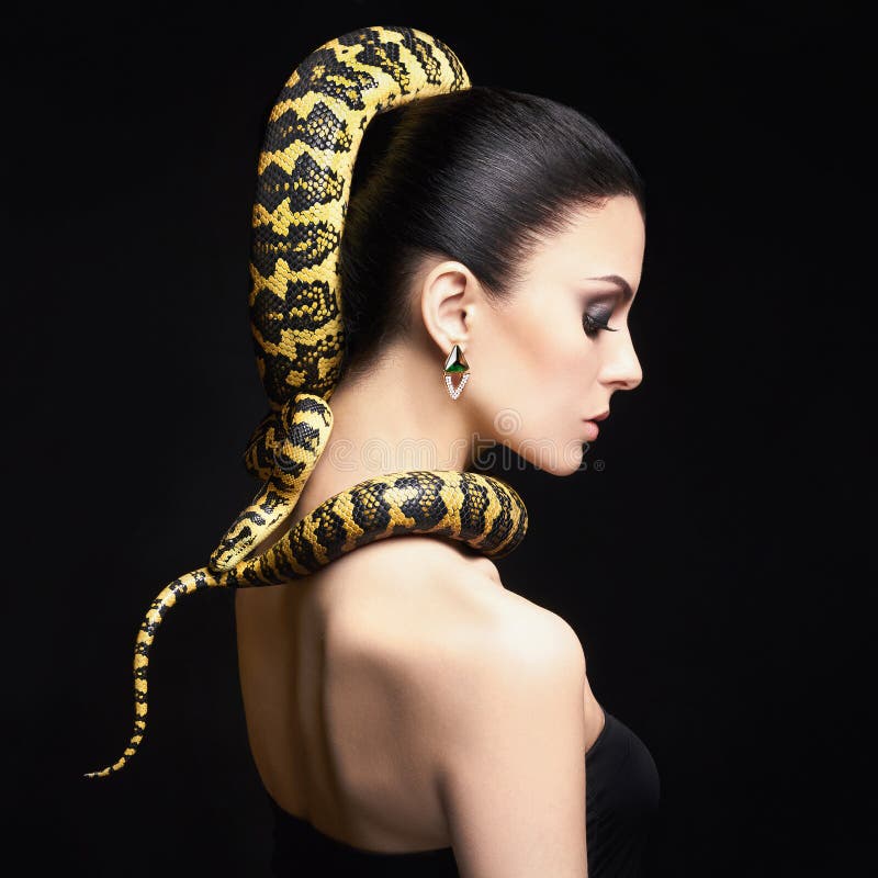 Beautiful Young Woman with Snake Stock Image - Image of care, hairstyle ...