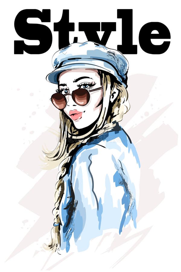 Beautiful young woman in stylish cap. Hand drawn fashion woman. Cute girl in sunglasses. Sketch.